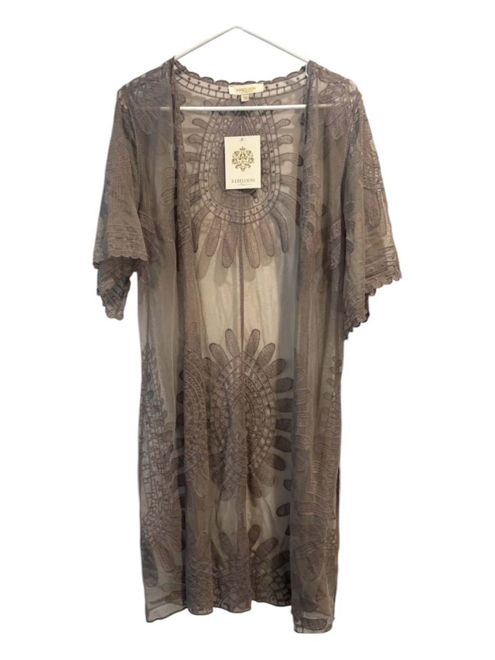 Rebellion Taupe Crochet Sheer Kimono Duster